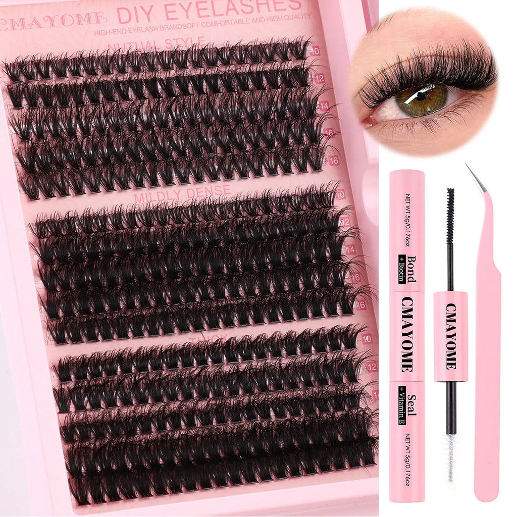DIY false eyelashes extension suit showing individual cluster segments and eyelash tweezers