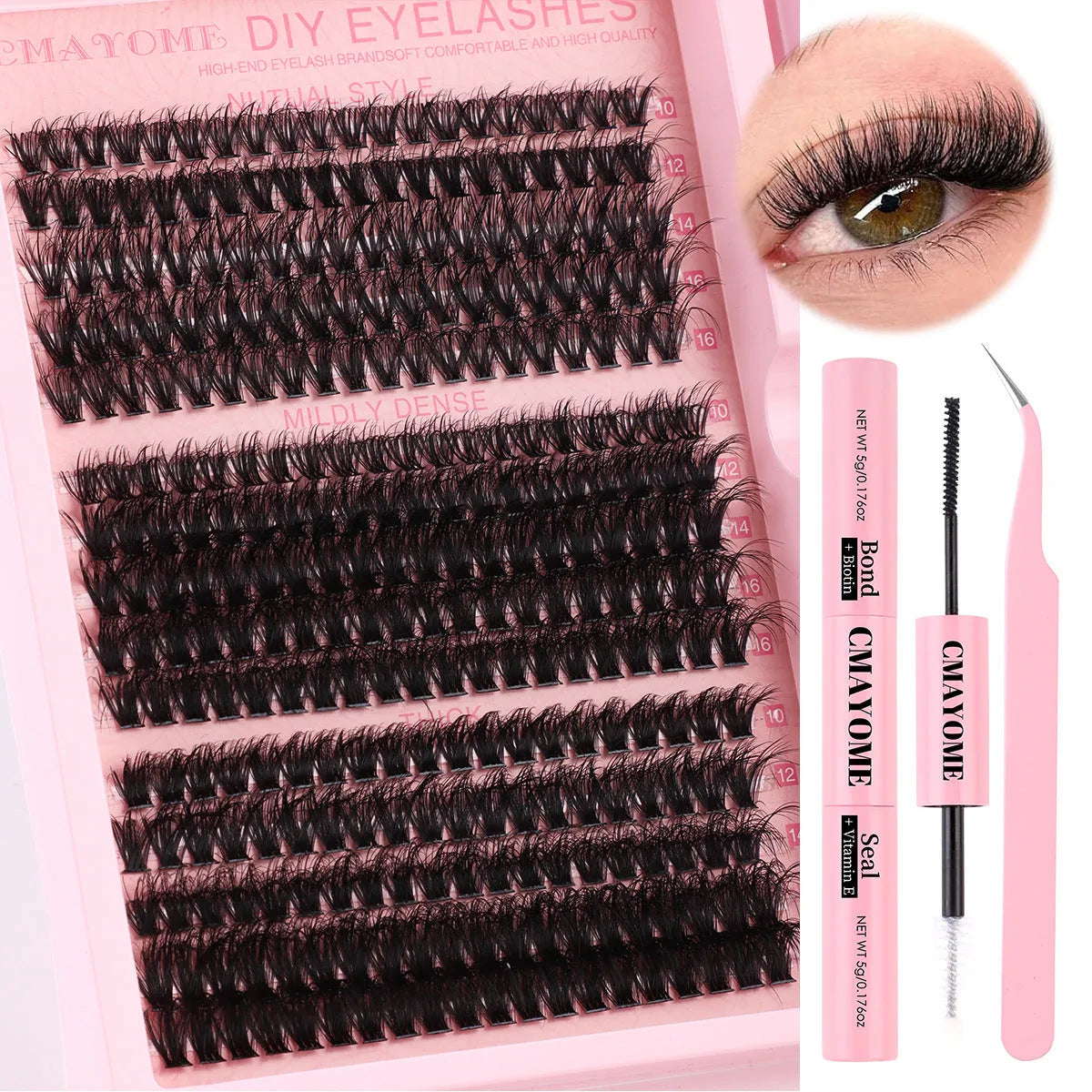 DIY false eyelashes extension suit showing individual cluster segments and eyelash tweezers
