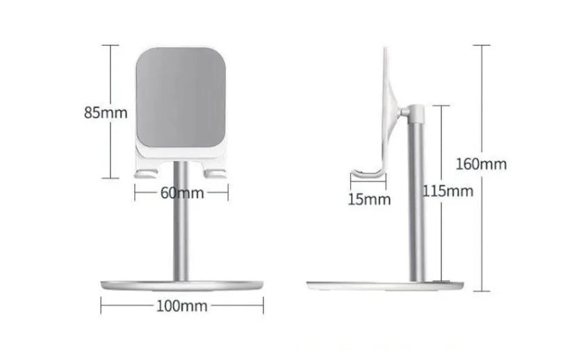 Silver white aluminium alloy mobile phone stand holding a smartphone on a desk
