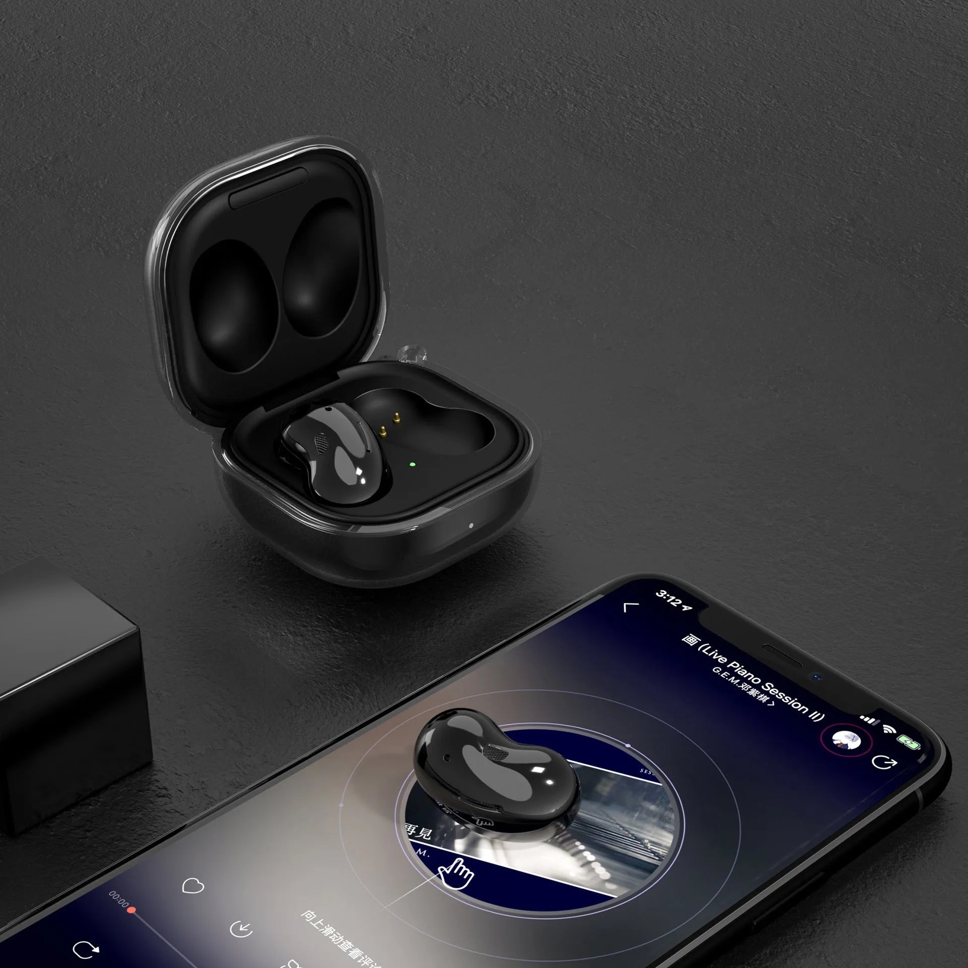 Translucent Bluetooth ear case clamshell housing in gold, purple, black and transparent colours