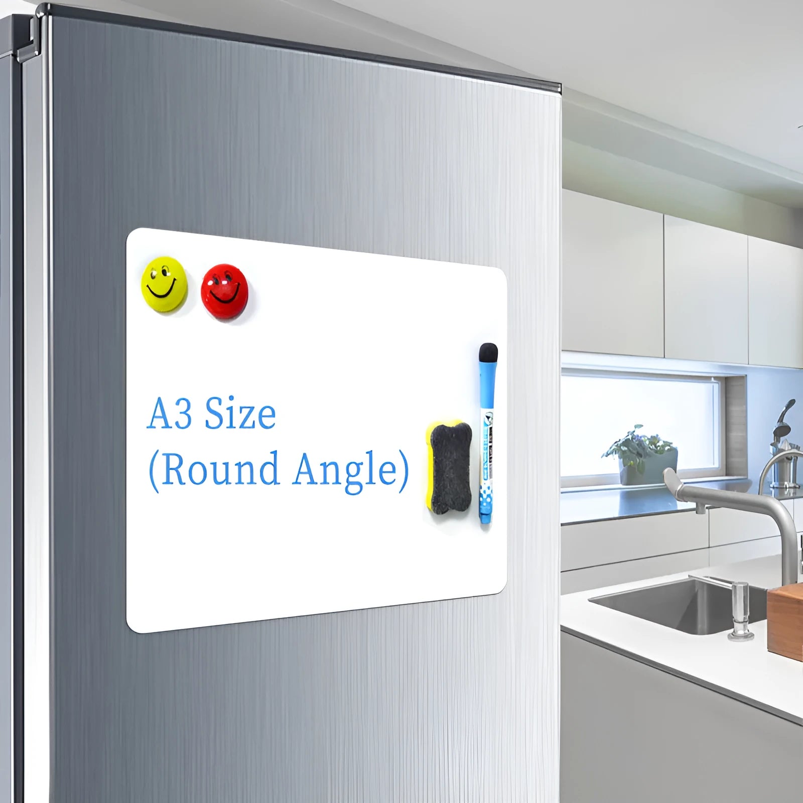 A3 magnetic whiteboard with rounded corners on refrigerator surface