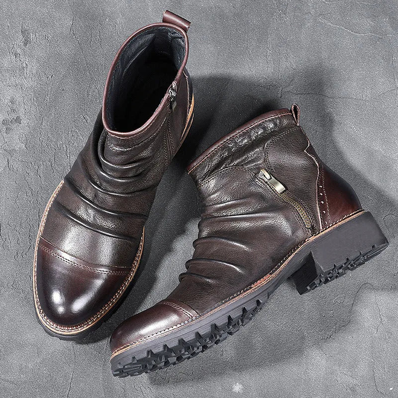 Black high-top Martin boots with side zip and horseshoe heel on a plain background.