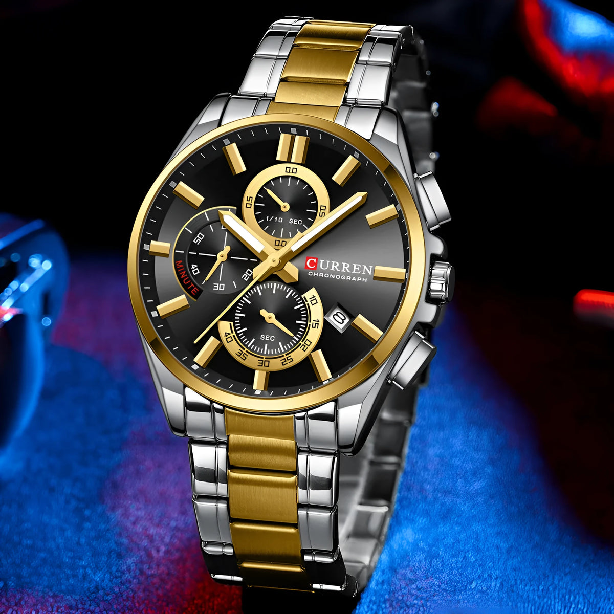 Men's steel strap watch with 4.4cm dial, alloy case, waterproof six-pin timing, and folding buckle
