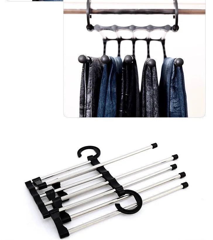 Black stainless steel magic wardrobe hanger with five booms for trousers.