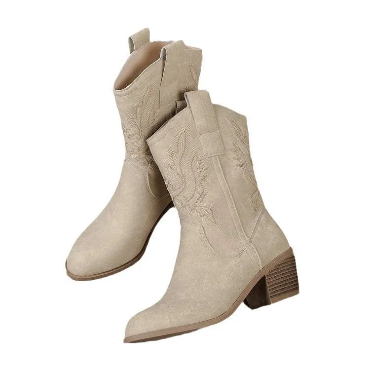 Women's V cut embroidered sleeve mid heel boots in suede, mid-calf length, rubber sole, Camel colour