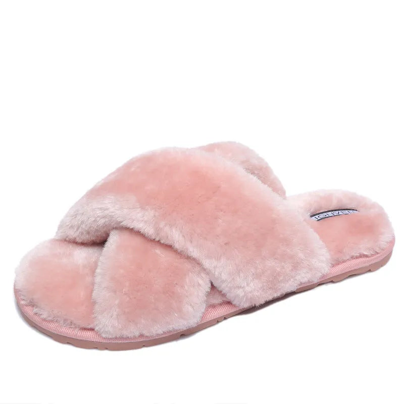 Women's cross strap open-toe fur slippers with non-slip rubber soles in multiple colour options