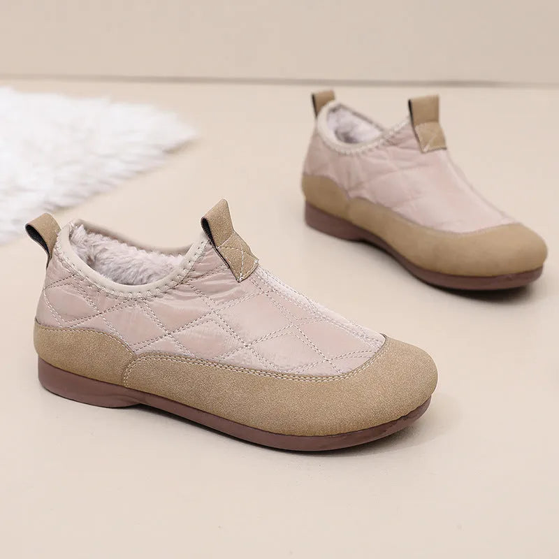 Women's winter slip-on shoes with plus velvet lining and flat PVC sole, available in khaki, apricot, and black.