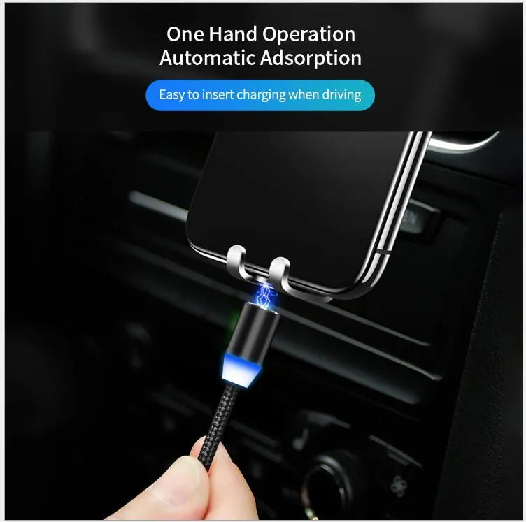 Black cotton braided magnetic charging cable with LED light and three-in-one plug for iPhone and Android phones