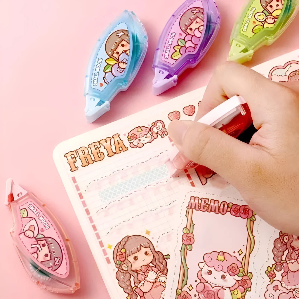 Hand Account Dotting Glue dispenser with high viscosity double-sided adhesive dots in cute fruit juice colours.
