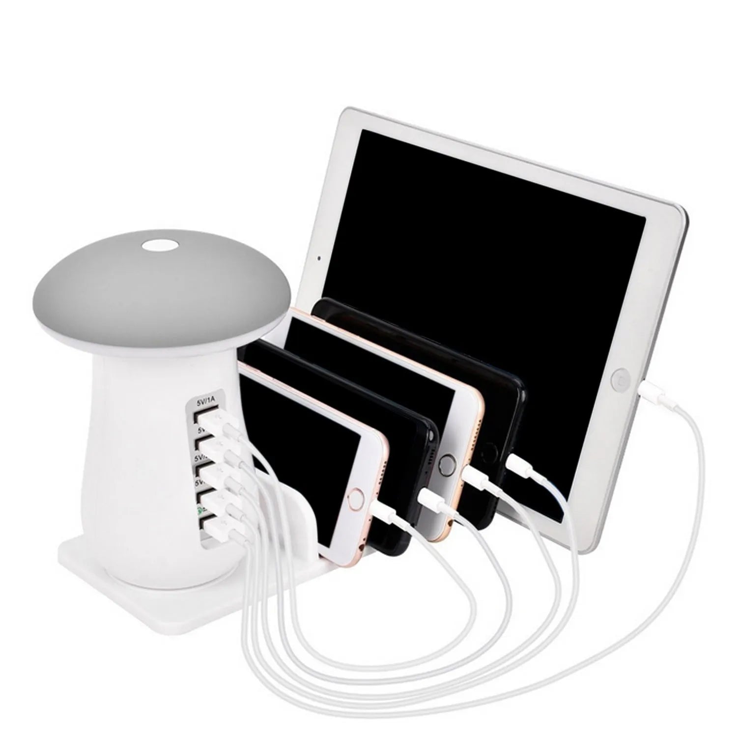 White glossy mushroom-shaped LED desk lamp with a built-in 5-port USB charging station for smartphones and tablets.