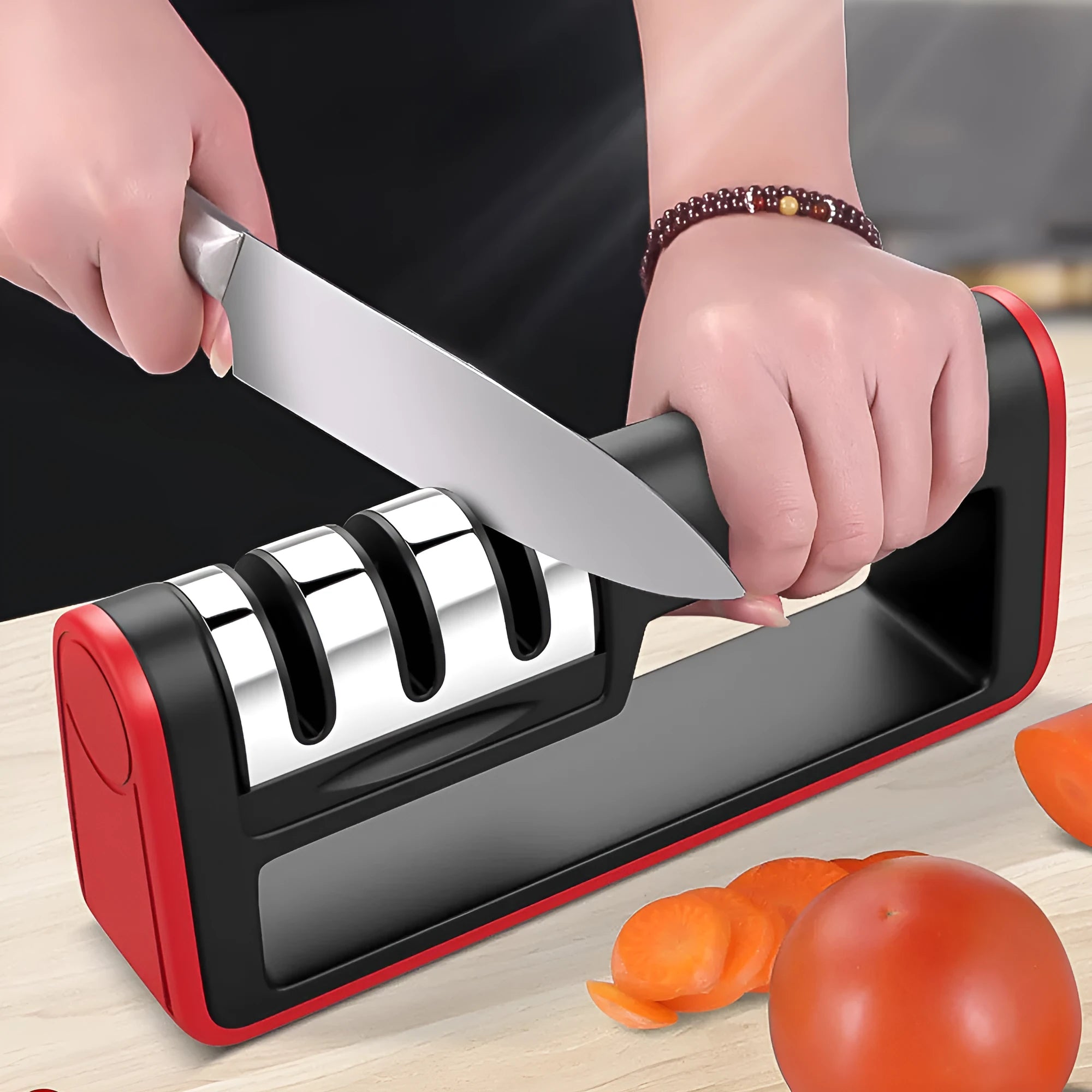 Professional three-stage knife sharpener in black with red trim, showing coarse, ceramic and fine abrasive slots.