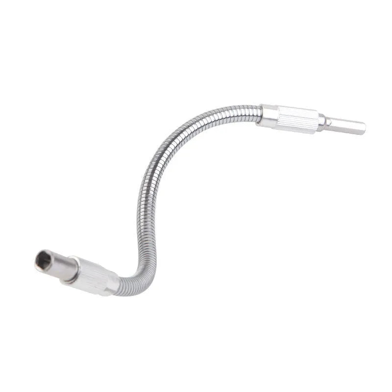 Silver metal flexible shaft tool accessory with a 6.35mm shank for cordless drills and electric grinders.