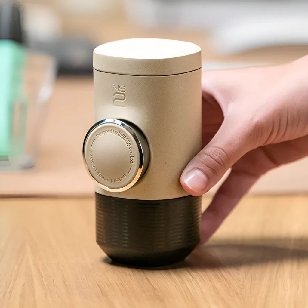 Manual espresso portable capsule coffee machine in olive gray with built-in cup and storage bag