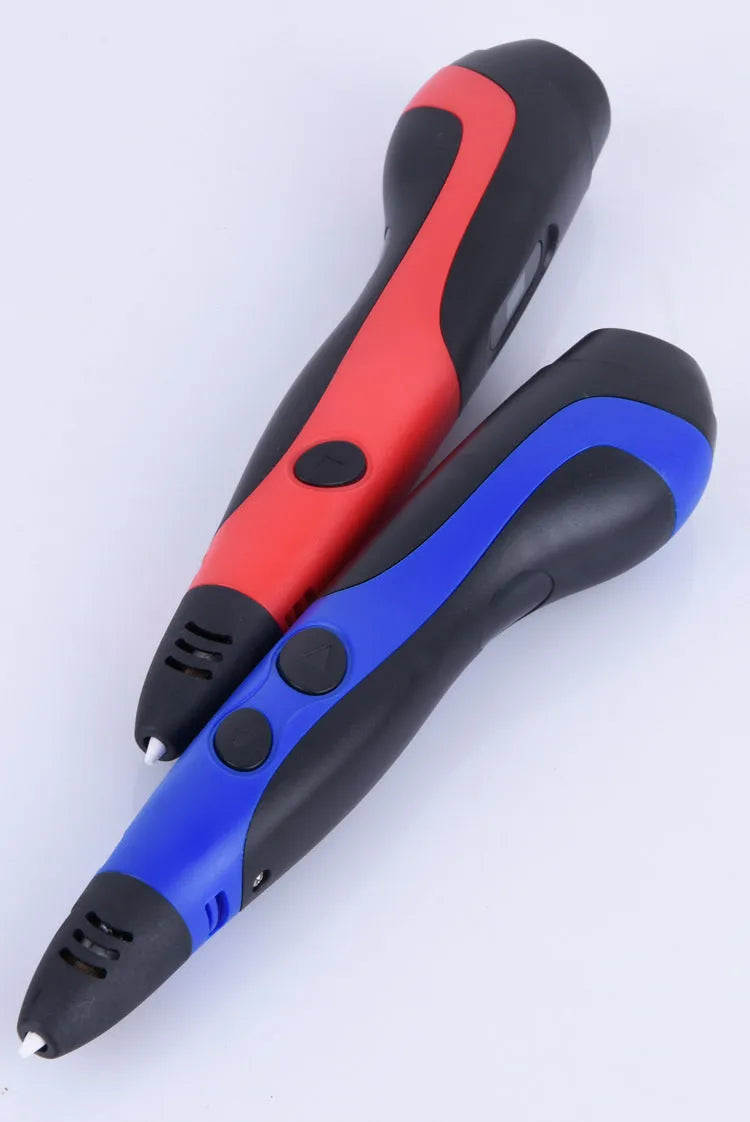 3D printing pen with plastic body, USB cable, and accessories including base and 12-colour filaments
