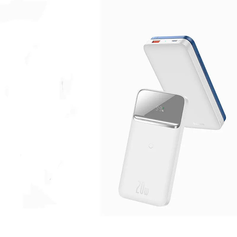 Blue and white MagSafe magnetic wireless power bank with LCD display showing battery percentage
