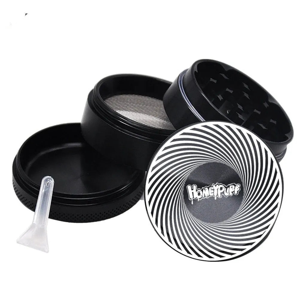 Four-layer aluminium alloy grinder in T12 black with windproof function and integrated tools including key chain and bottle opener
