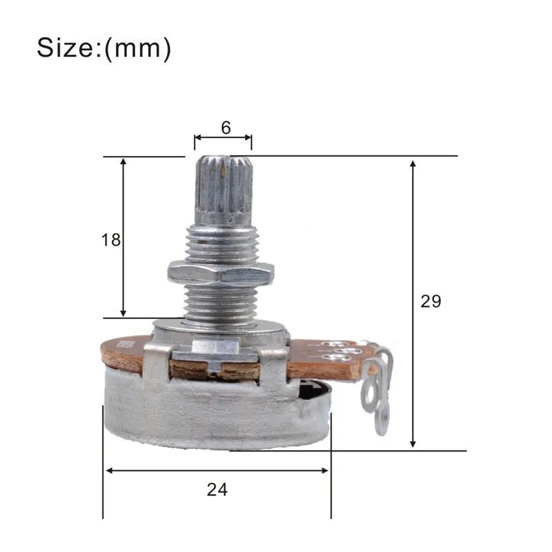A single metal potentiometer knob for an electric guitar, shown in a choice of four resistance values.