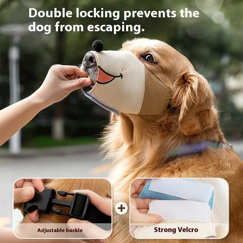 Canvas dog muzzle in Ollie Brown Bear colour on a size chart showing S, M, L, and XL options.