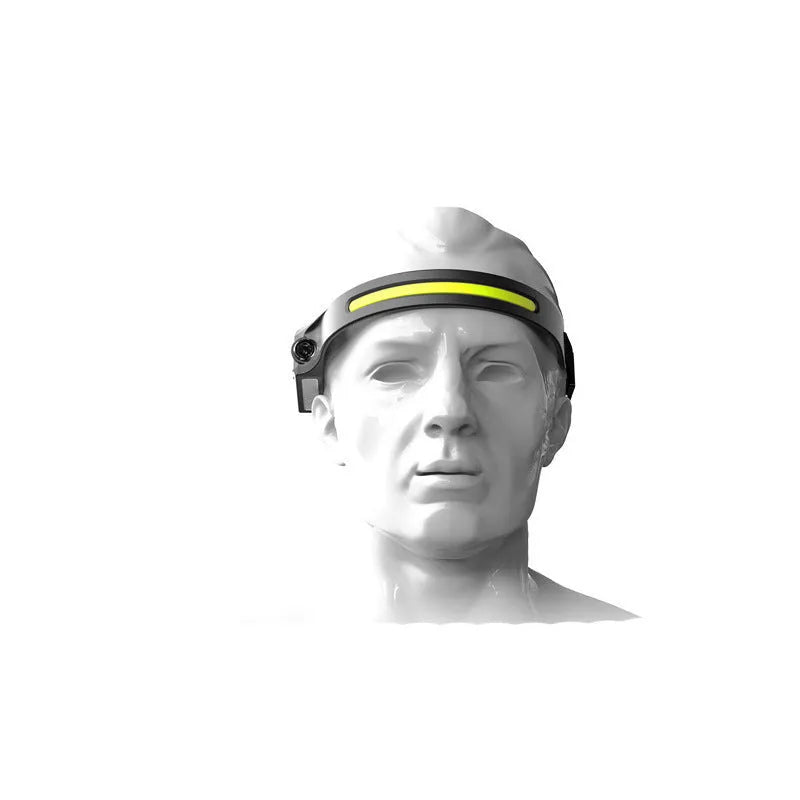 Black silicone rechargeable headlamp with LED lights, shown with wide beam and long-range illumination for outdoor use.