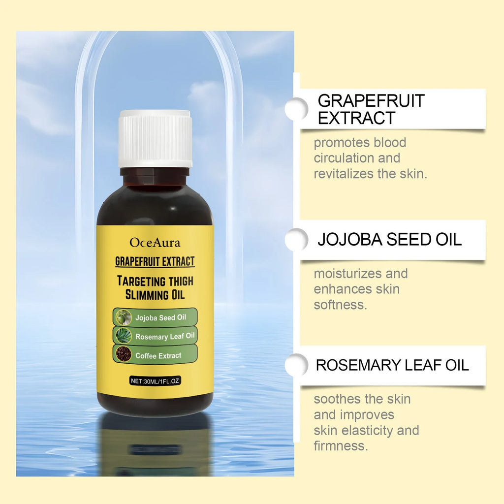 30ml bottle of body treatment oil with grapefruit extract, jojoba and rosemary oils for skin nourishment