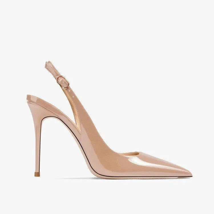 Nude soft leather women's ankle-strap high heel sandals with hollow design