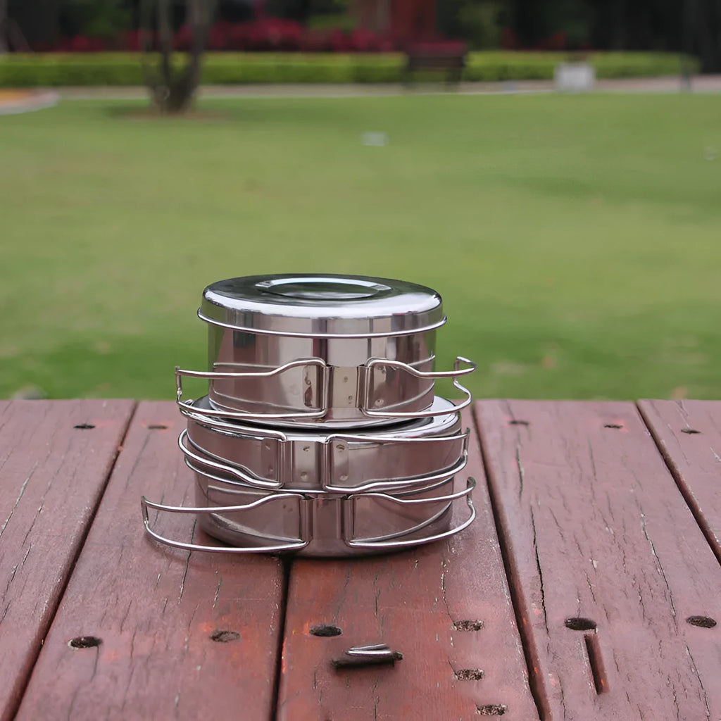 Silver stainless steel outdoor camping cookware pot set with round 4-piece configuration