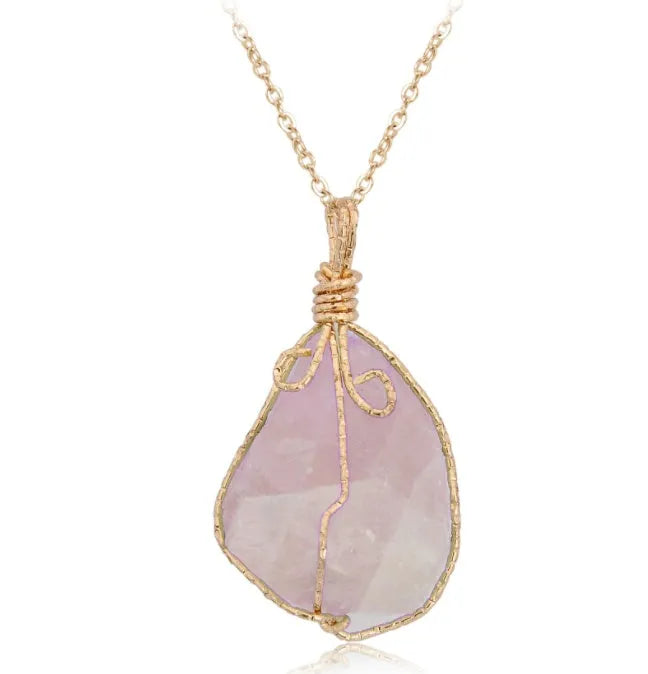 Natural stone pendant irregular rough crystal necklace amethyst with gold setting