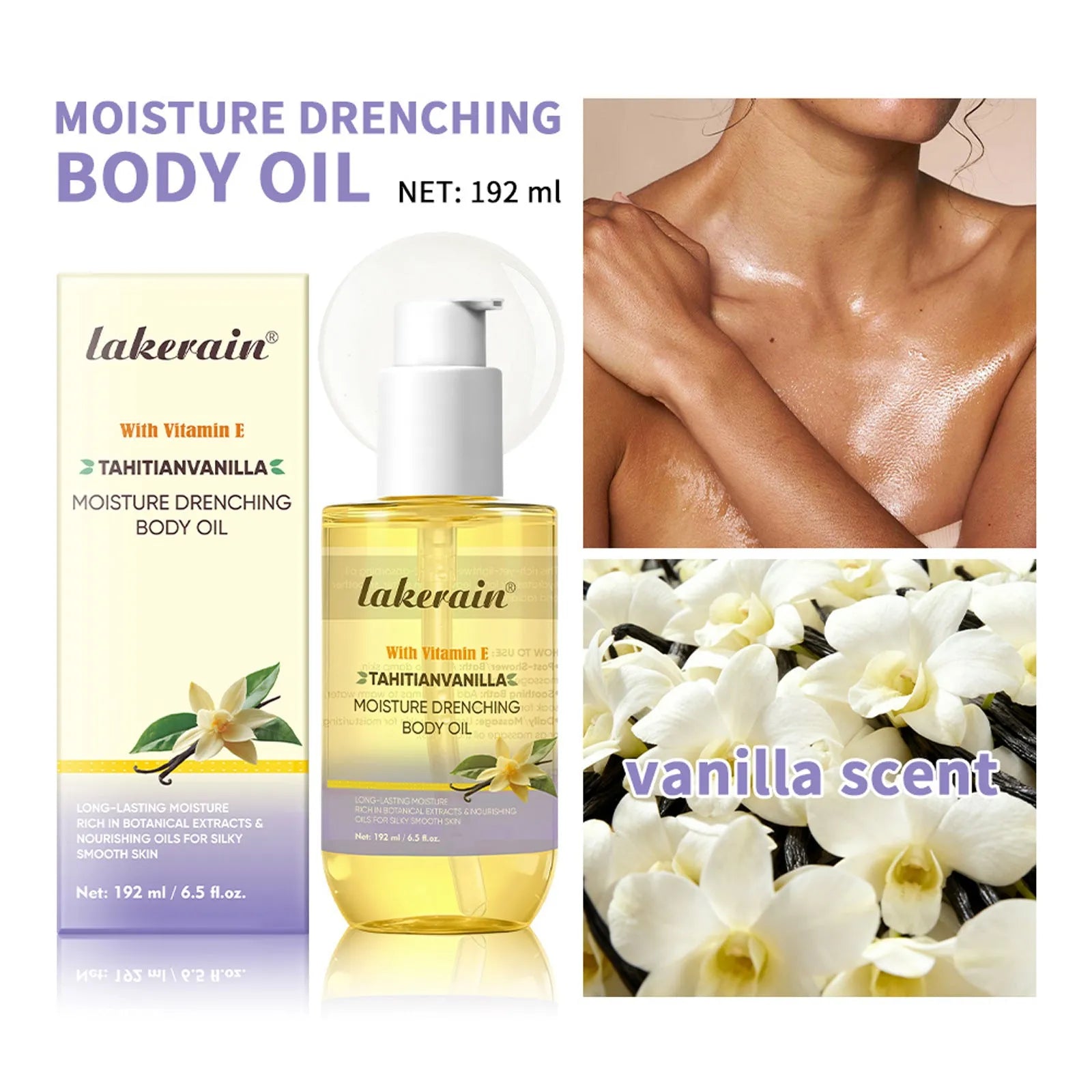 192ml vanilla flavored moisturizing and nourishing soft skin oil in a bottle