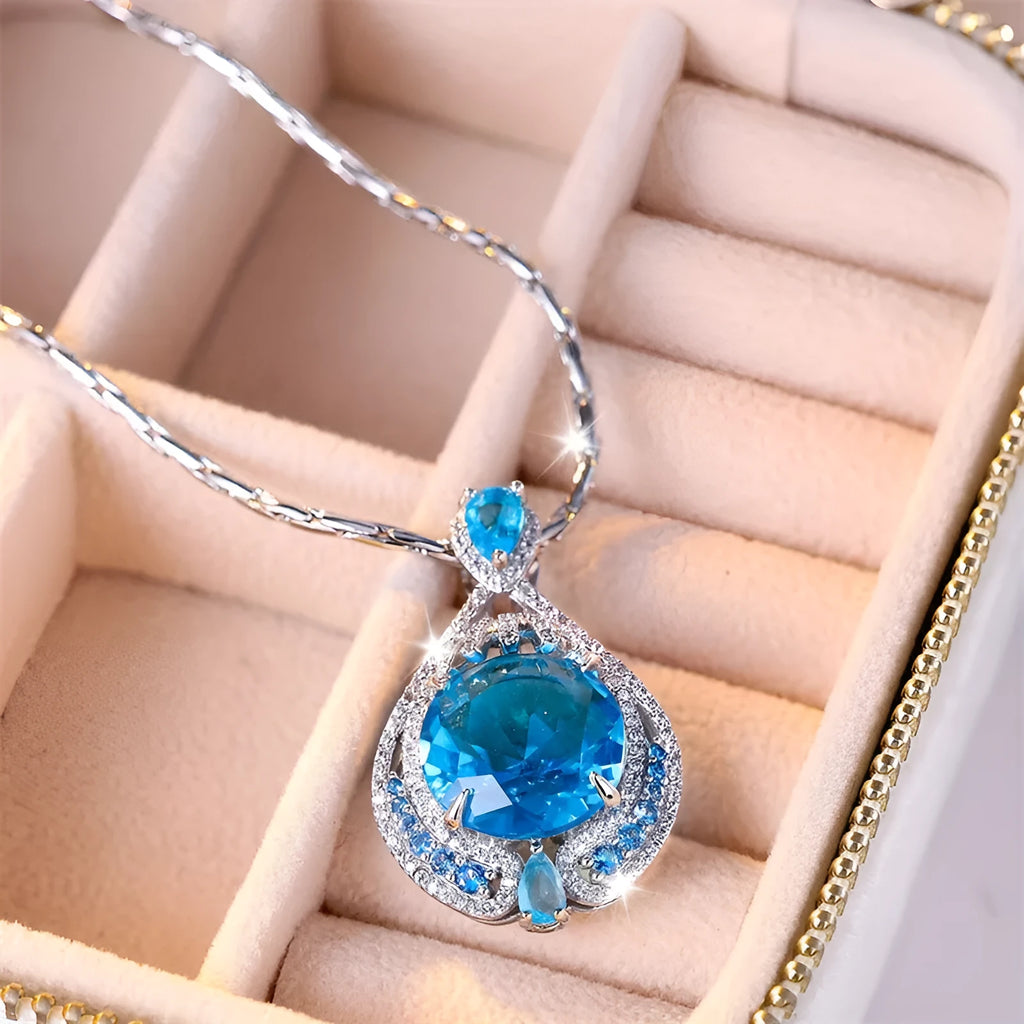 Women's geometric blue crystal necklace on water wave chain