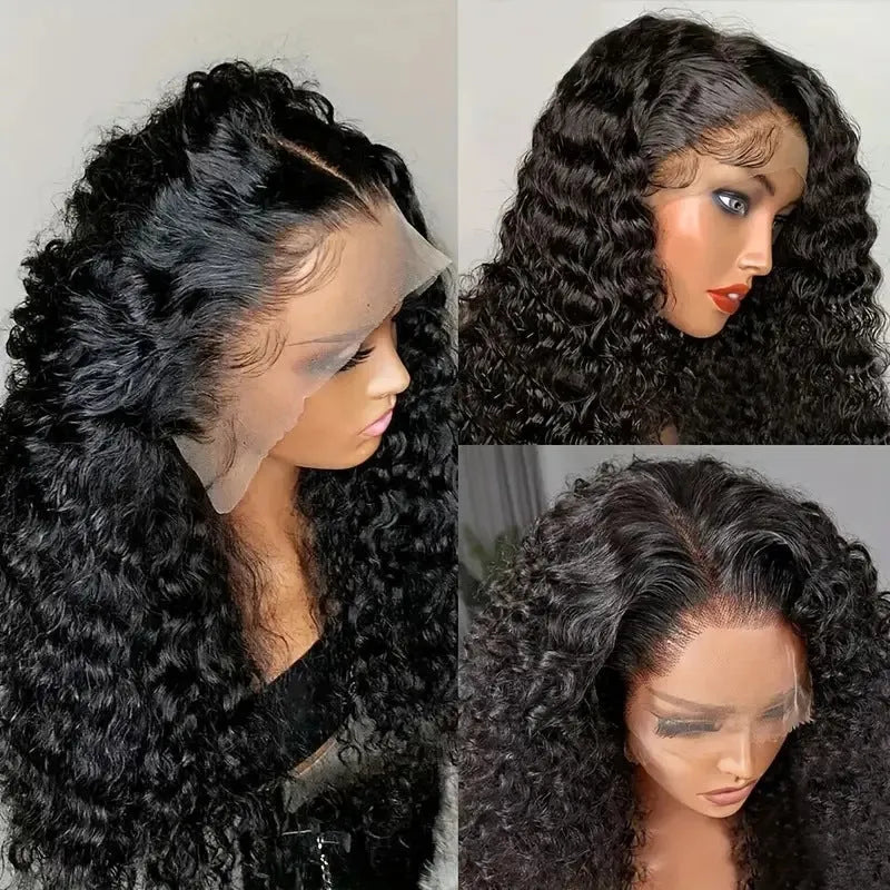 Black front lace synthetic wig with long curly hair and side bangs on display