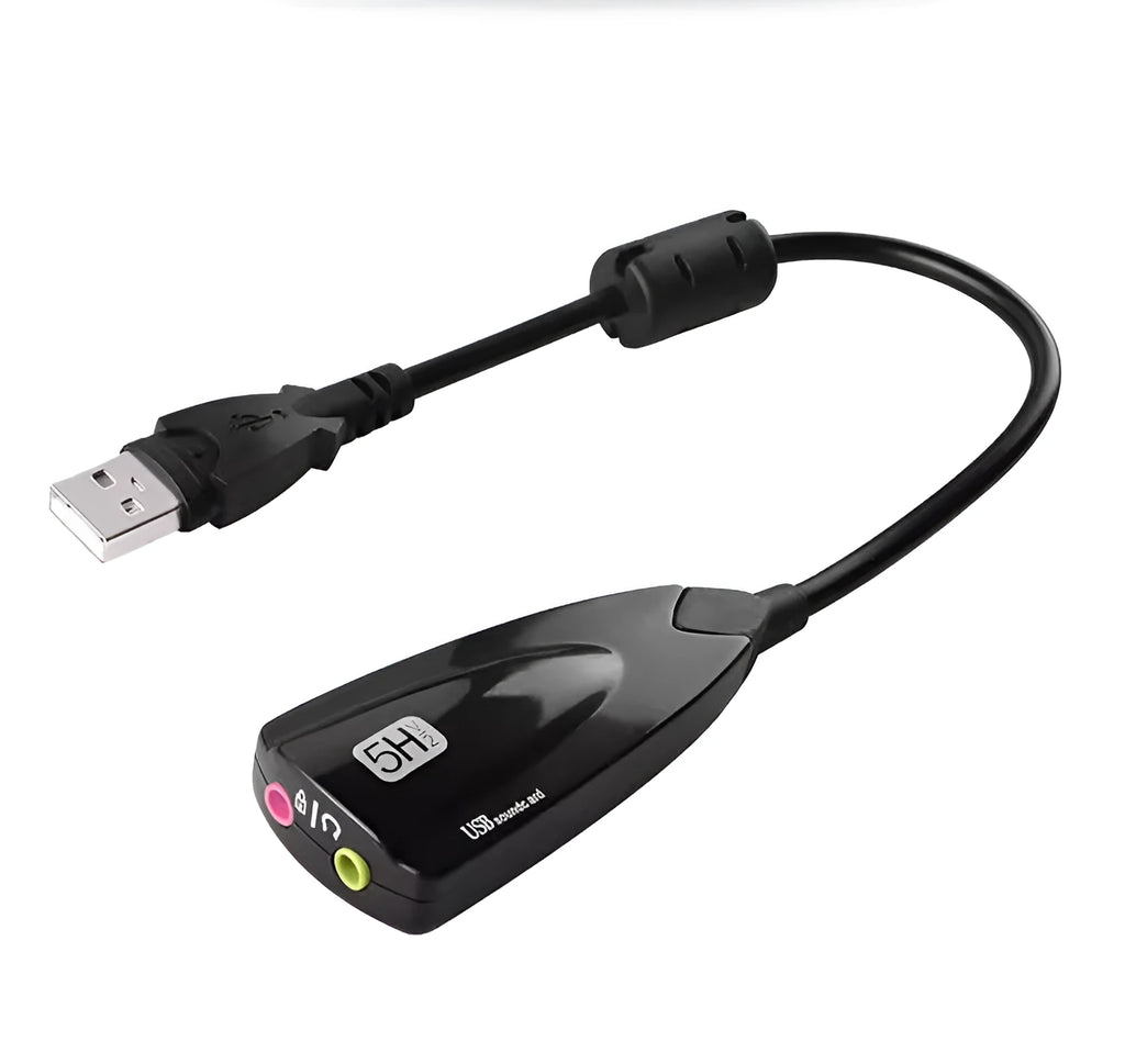 Black 5HV2 external sound card with cable, 7.1 channel support for karaoke chat, triangular design.