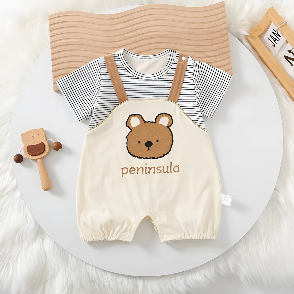 Cartoon bear print baby short sleeve romper in cotton pullover style, available in sizes 66cm to 90cm