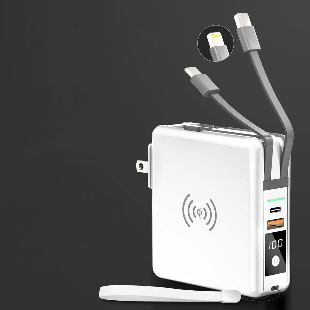 Black and white QI wireless power bank with foldable international plugs and 10000mAh capacity.
