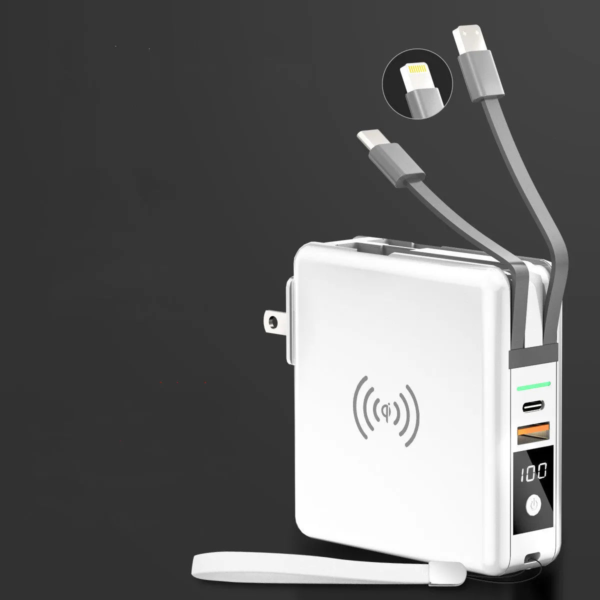 Black and white QI wireless power bank with foldable international plugs and 10000mAh capacity.