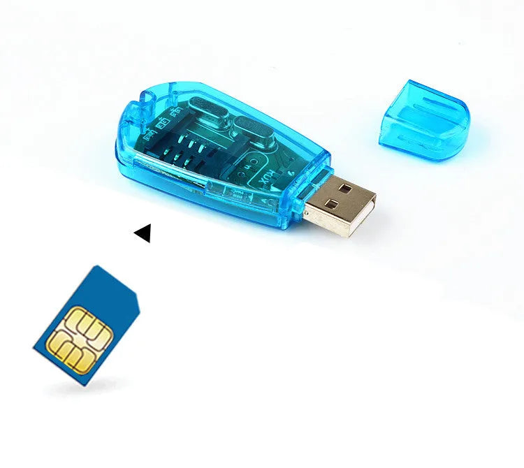 Blue USB 2.0 mobile phone SIM card reader for data transfer and backup