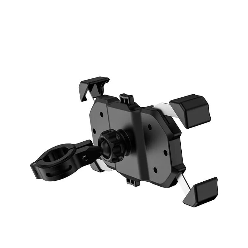 Black plastic motorcycle phone holder with wireless charging and 360-degree rotation mounted on a handlebar
