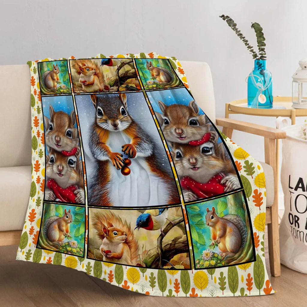 Flannel white bellied squirrel printed blanket in yellow with squirrel pet theme design