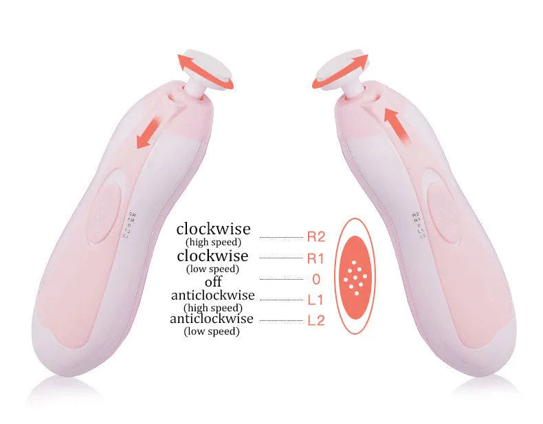Blue anti-scratch multifunctional baby electric nail polisher with LED light and six grinding heads in a storage box