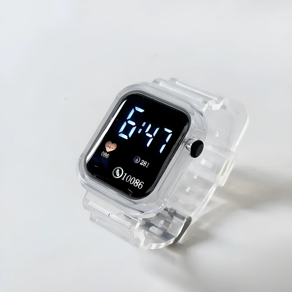 Square LED electronic watch with 45mm rectangle dial, plastic strap, plastic watchcase, transparent colour option.