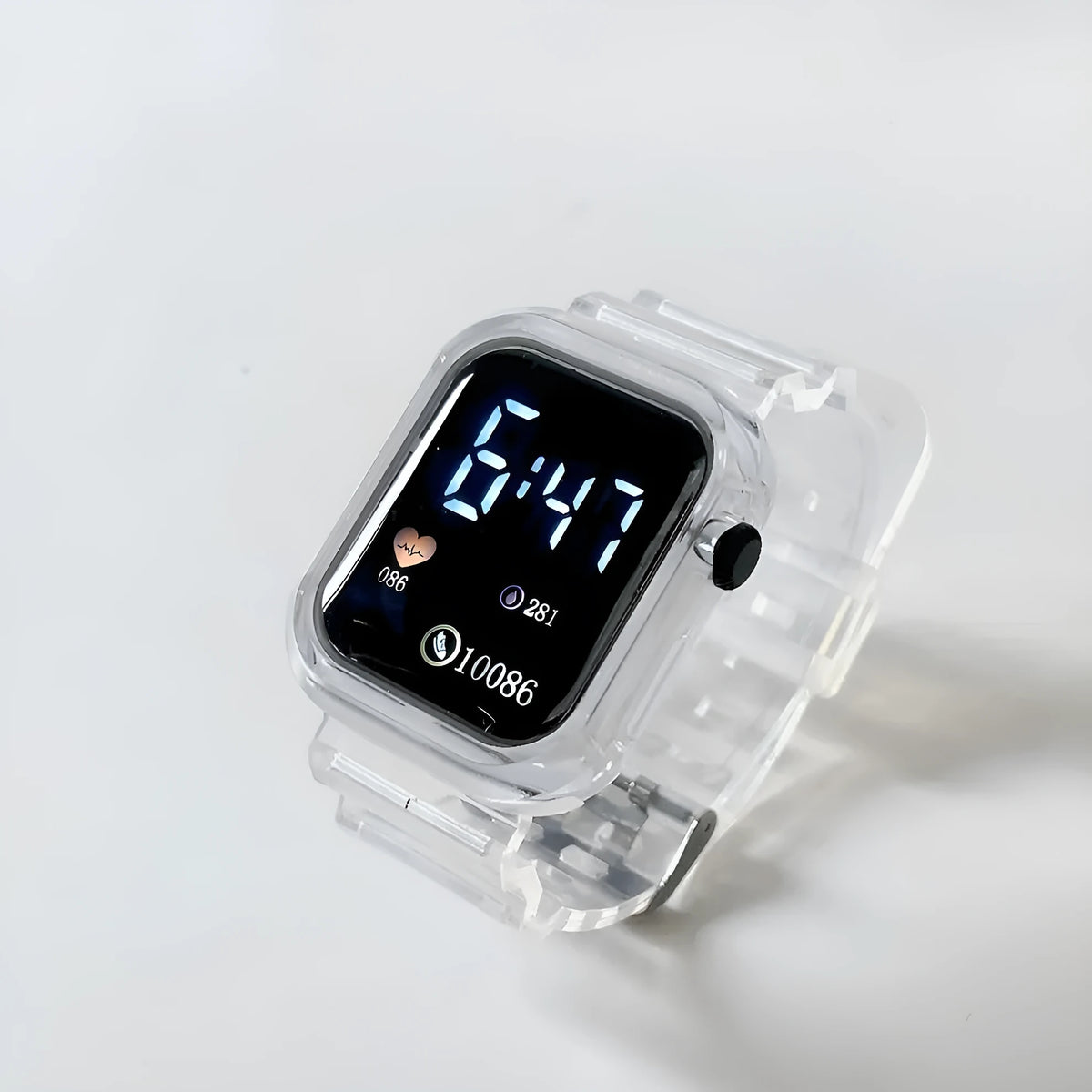 Square LED electronic watch with 45mm rectangle dial, plastic strap, plastic watchcase, transparent colour option.