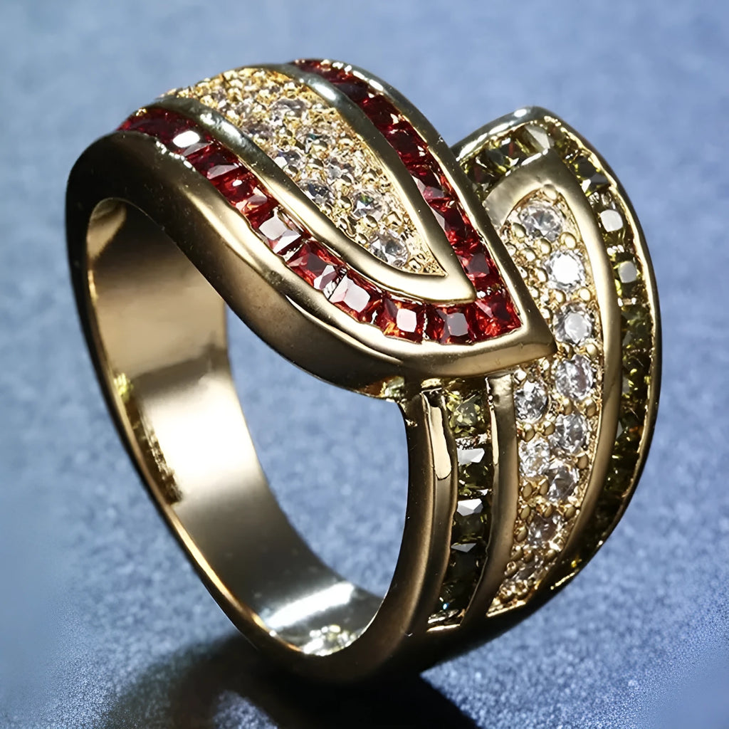 Gold-coloured women's alloy ring with a central green peridot gemstone.