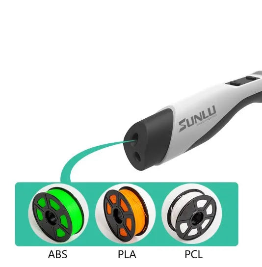 Plastic 3D printing pen in black with nozzle tip, 18cm long, on white background