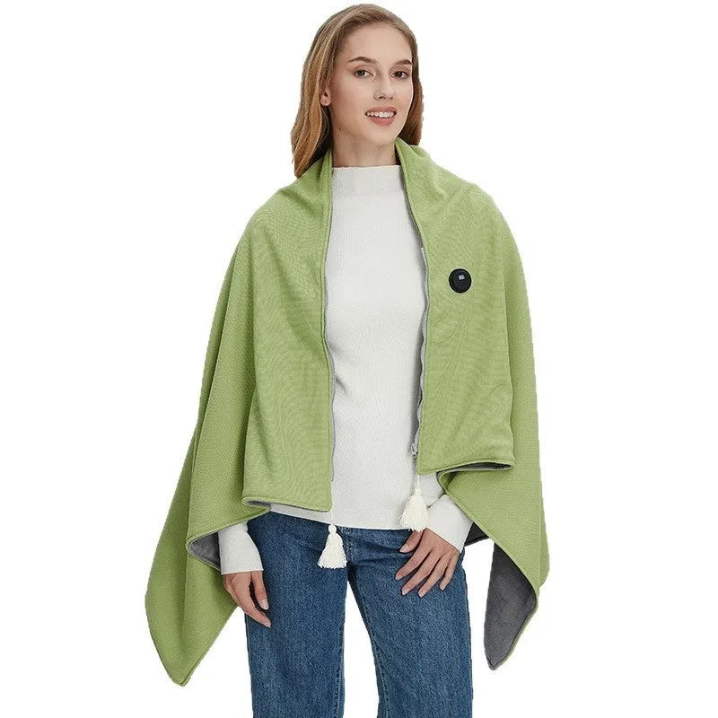 Solid colour electric shawl blanket with mobile power bank in beige, green, and red options