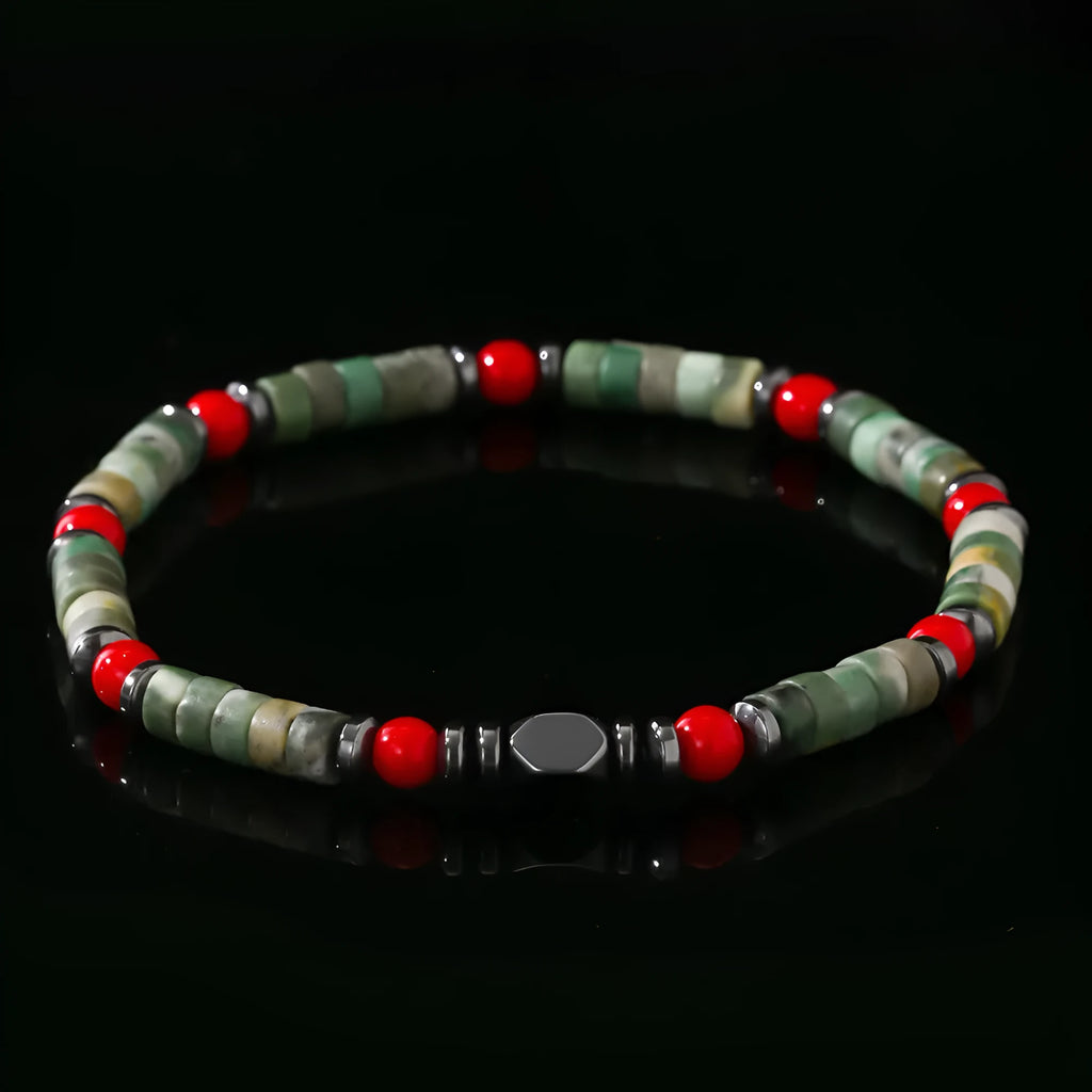 Bohemian style bracelet with cylindrical natural stone beads and hand-woven texture for men