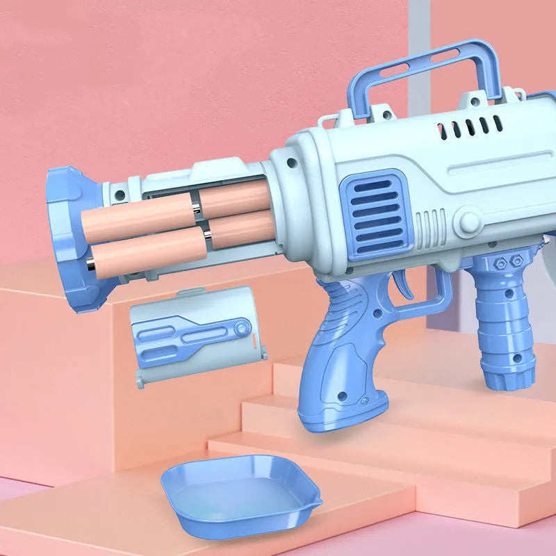 32-hole electric bazooka-style bubble gun toy in cherry pink colour with colourful lights illuminated.