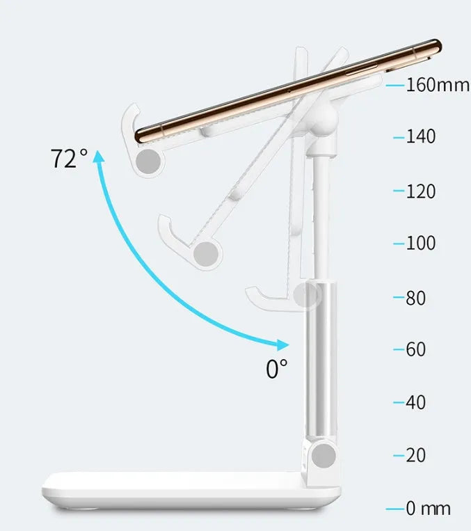 Desktop mobile phone stand with non-slip silicone, PC shell, alloy sheet and alloy support rod, in black or white