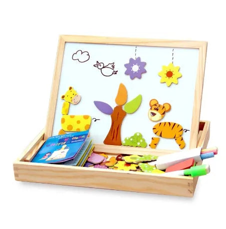 Wooden magnetic puzzle drawing board with animal and circus theme pieces for children