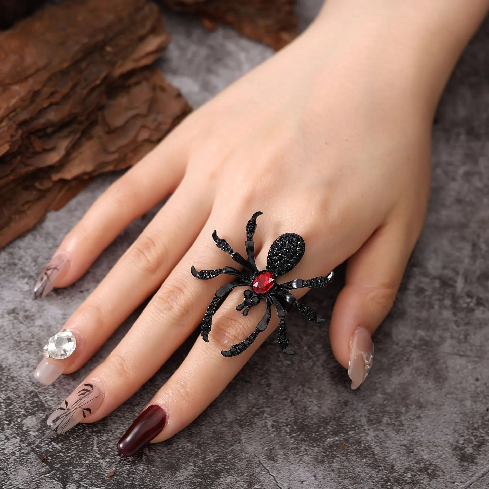 Halloween spider ring with rhinestone inset, alloy open ring for women, four colour options