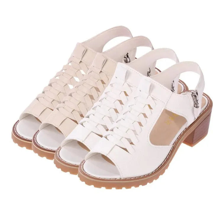 Women's black retro sandals with a side zipper and a mid-heel.