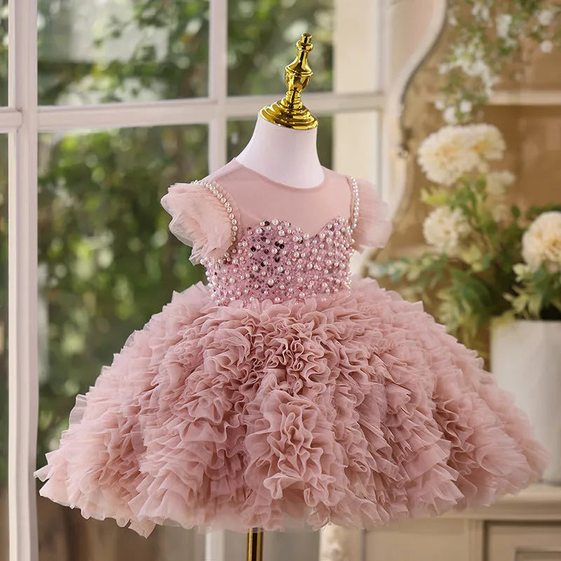 Children's princess pettiskirt in bean pink with tiered tulle layers polyester fabric